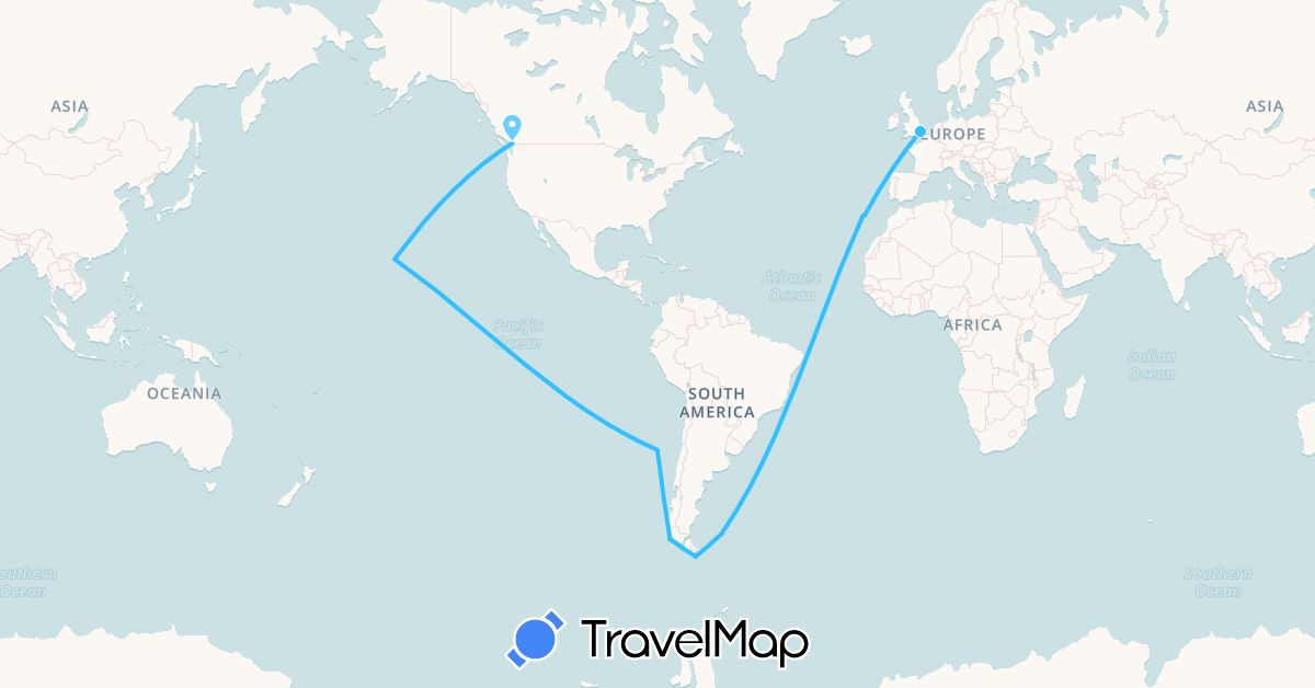 TravelMap itinerary: driving, boat in Canada, Chile, Falkland Islands, United Kingdom, Portugal, United States (Europe, North America, South America)